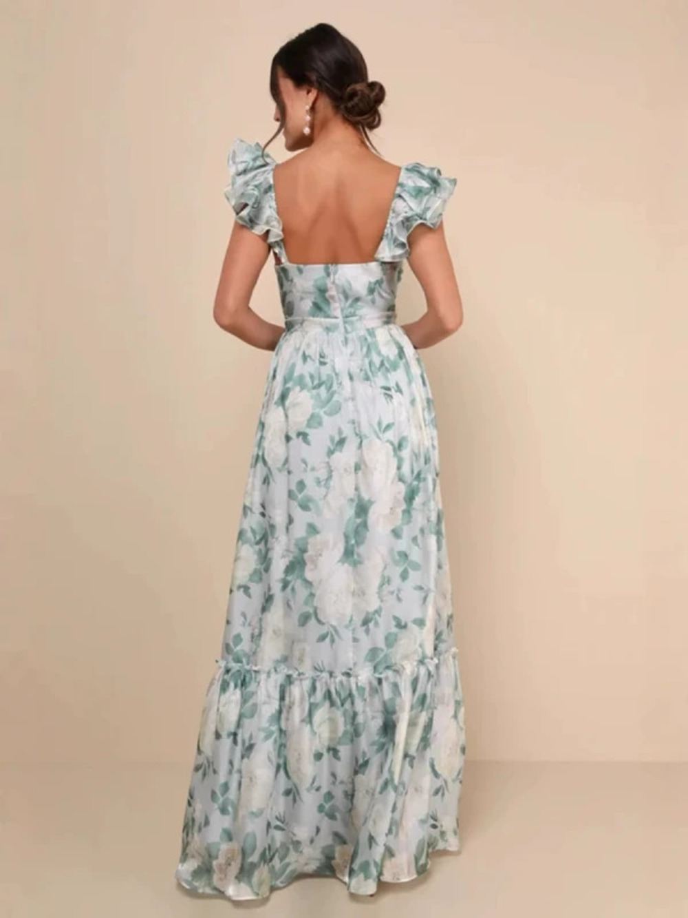Sexy Women New Fashion Printed Deep V Neck Backless Ruffle Spaghetti Strap Dress